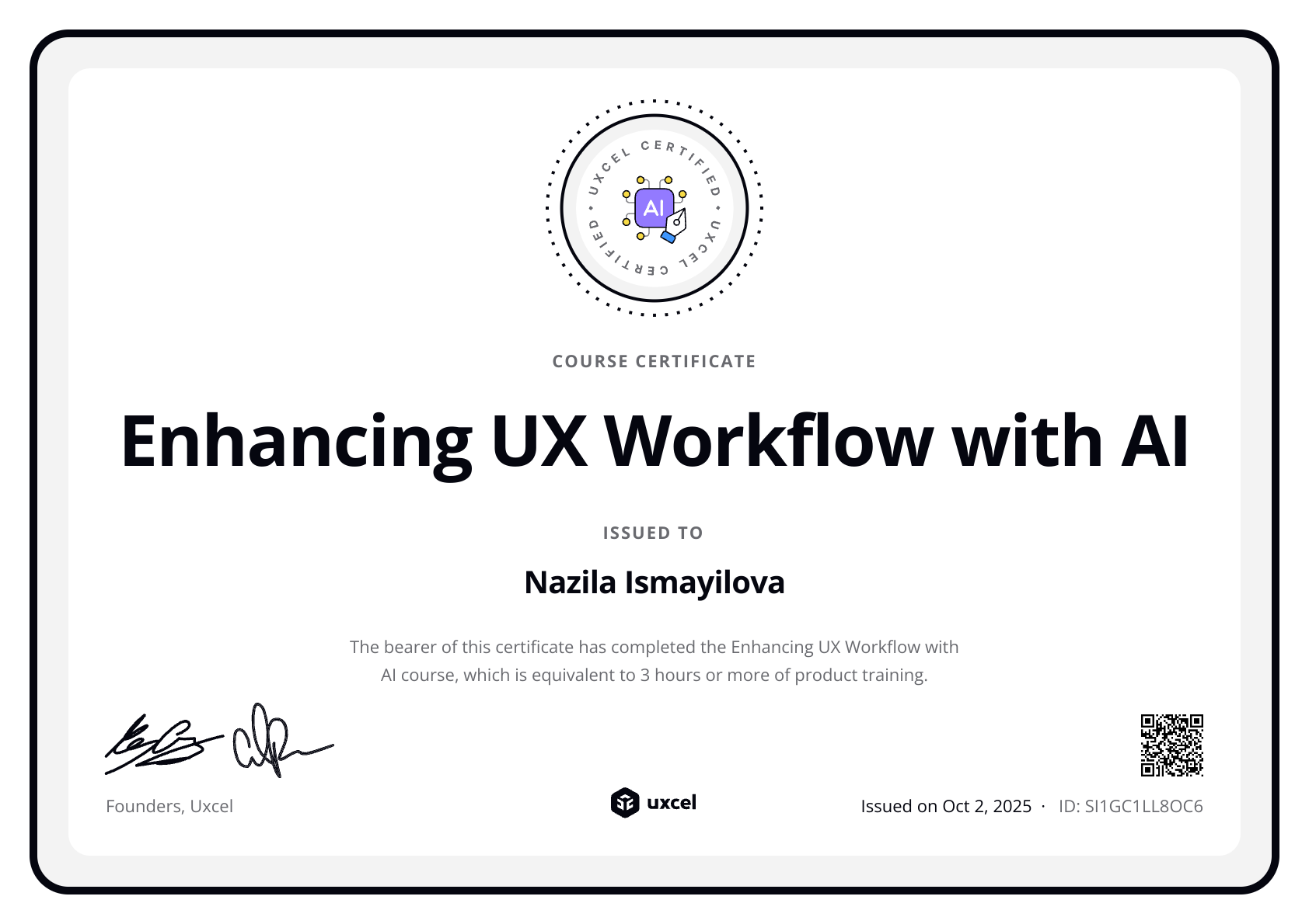 Nazila Ismayilova's certificate